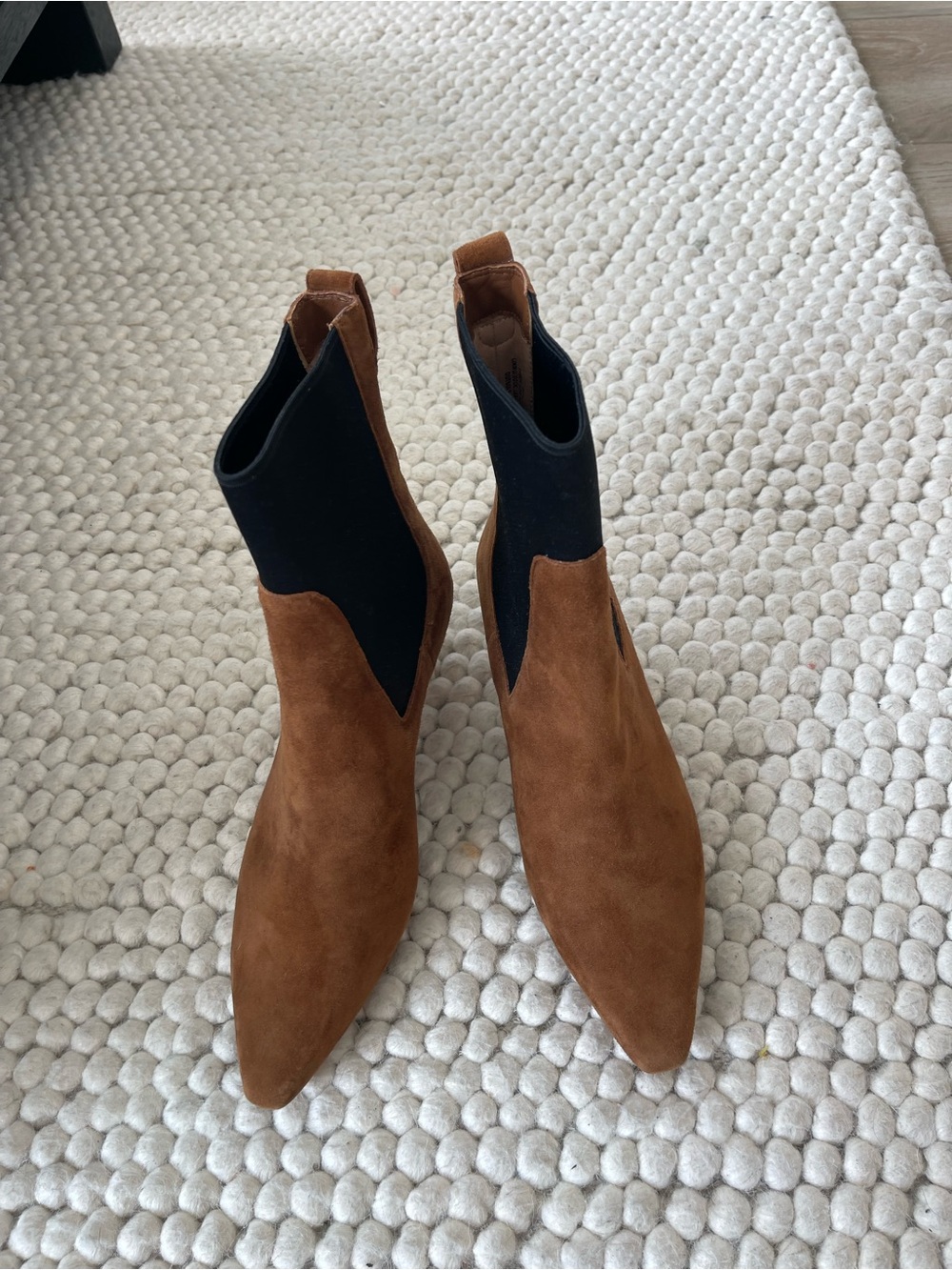 J Crew Brown Suede Pointed Chelsea Booties with Black Stretch Panels